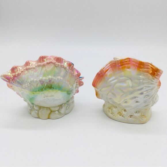 Vintage Pair Luster Dolphins Ceramic Iridescent Pearl Seashell Figurines - Picture 5 of 9
